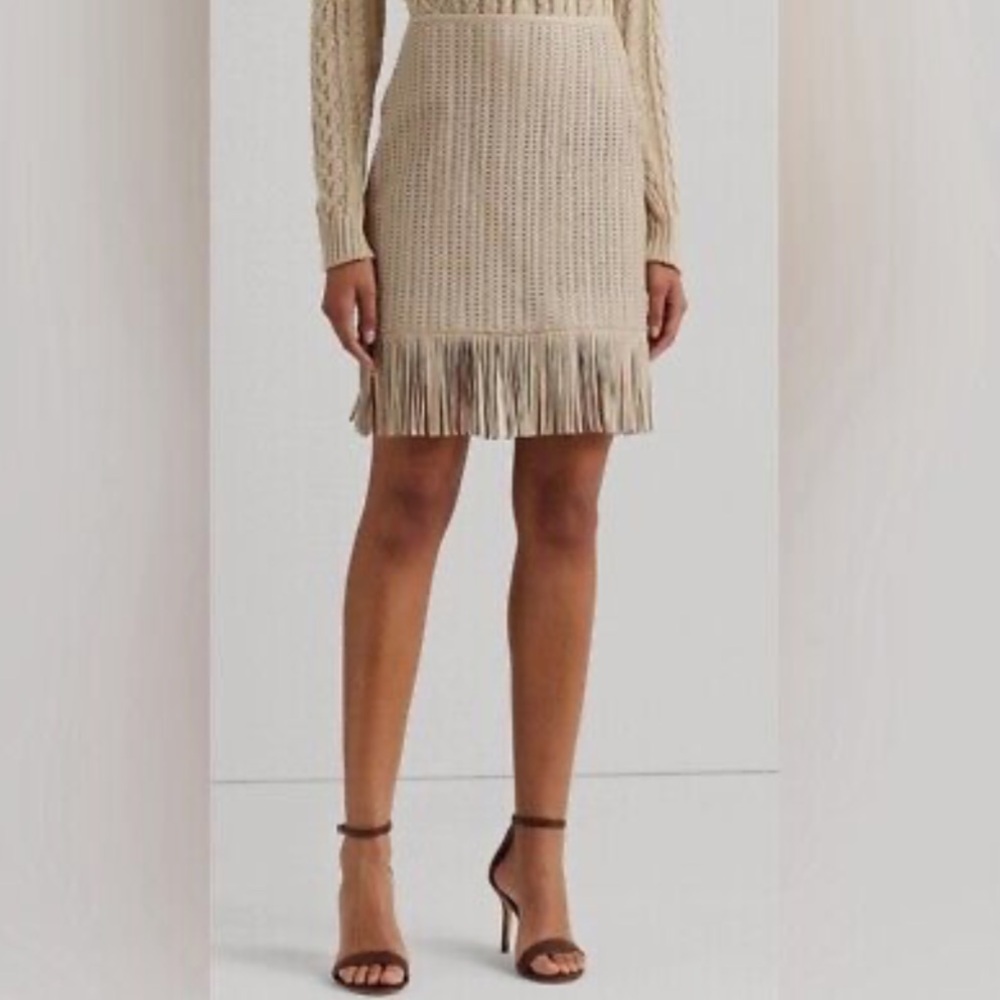 Ralph Lauren Fringe-Trim Woven Lambskin Leather Pencil Skirt NWT - Picture 2 of 14